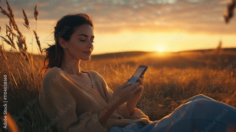 Naklejka premium Woman sits on a hill at sunset, using her smartphone, enjoying the tranquility of nature and the digital world