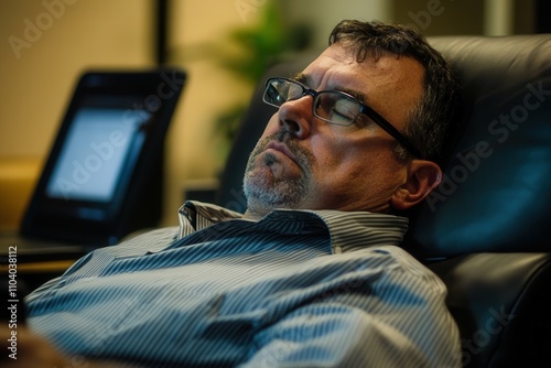 A man with glasses is seated in a leather office chair, eyes closed and appearing relaxed. He is dressed in a striped, collared shirt and is surrounded by a modern office environment, suggesting a bre photo