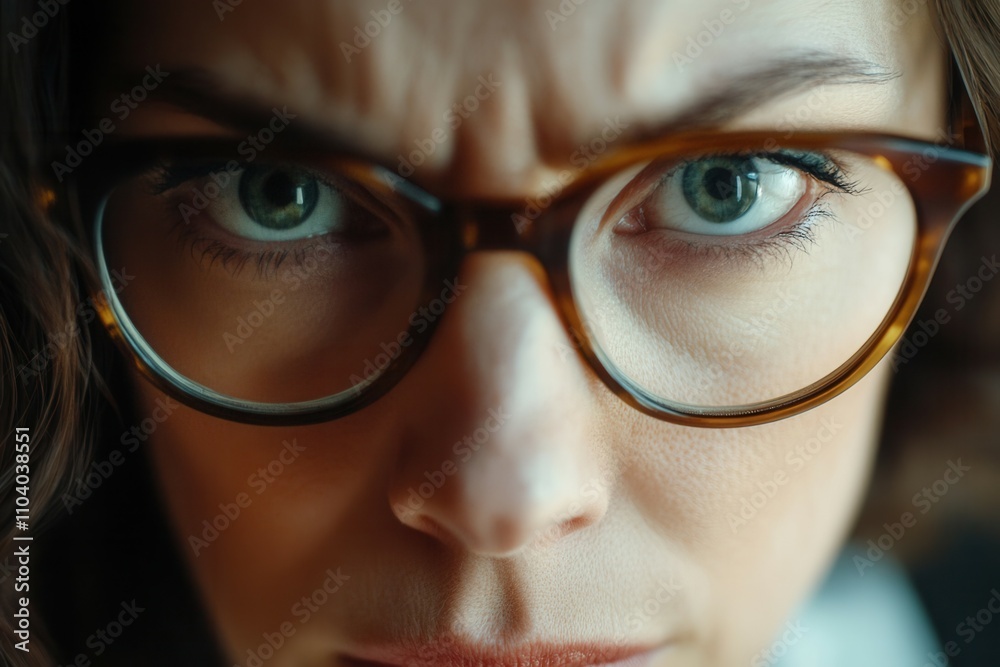 A woman with thick eyeglasses displays a serious expression, emphasizing her piercing green eyes. The close up captures her furrowed brow and focused demeanor, creating a striking emotional portrait.