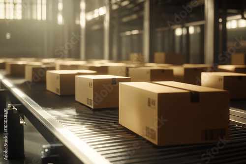 Row of boxes parcels in warehouse, shipping generated.AI