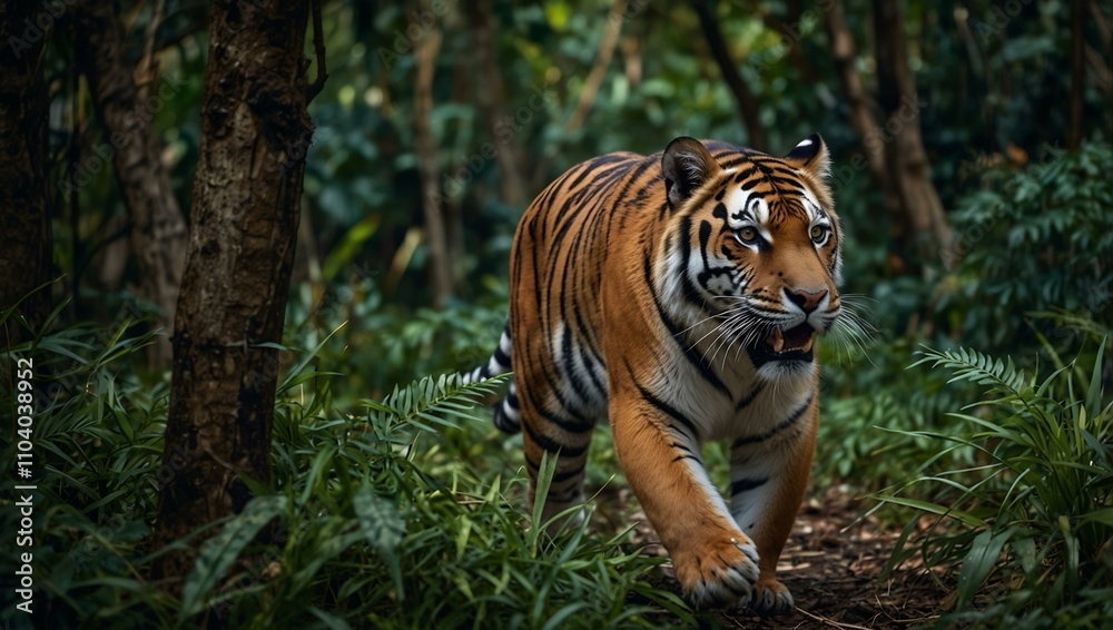 A powerful tiger stealthily navigating through the jungle. A powerful tiger stealthily navigating through the jungle.