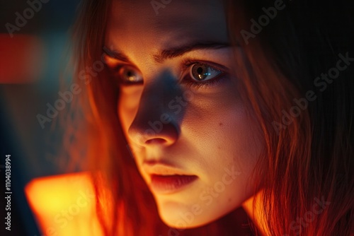 A young woman gazes intently, illuminated by warm light in a dark setting. Her focused expression reveals deep thought or emotion, creating a captivating atmosphere that draws the viewer in.