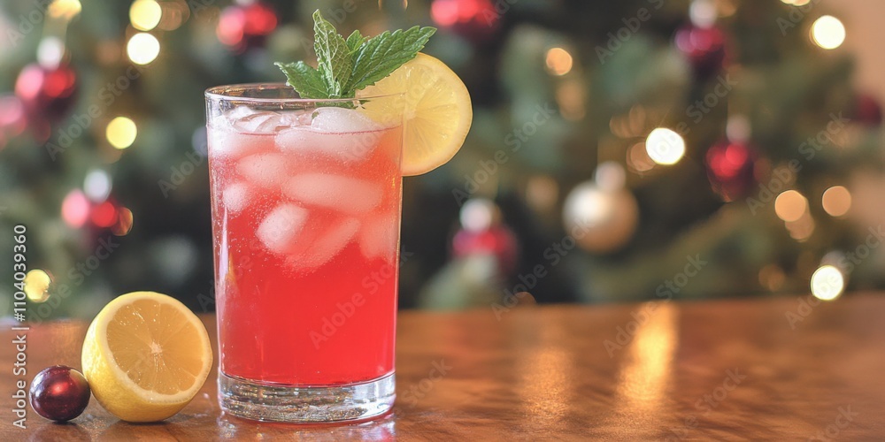 Citrus cranberry spritzer with lemon, cranberry juice, and club soda, garnished with fresh mint leaves, set in front of a Christmas tree Citrus cranberry spritzer with lemon, cranberry juice, and club soda, garnished with fresh mint leaves, set in front of a Christmas tree