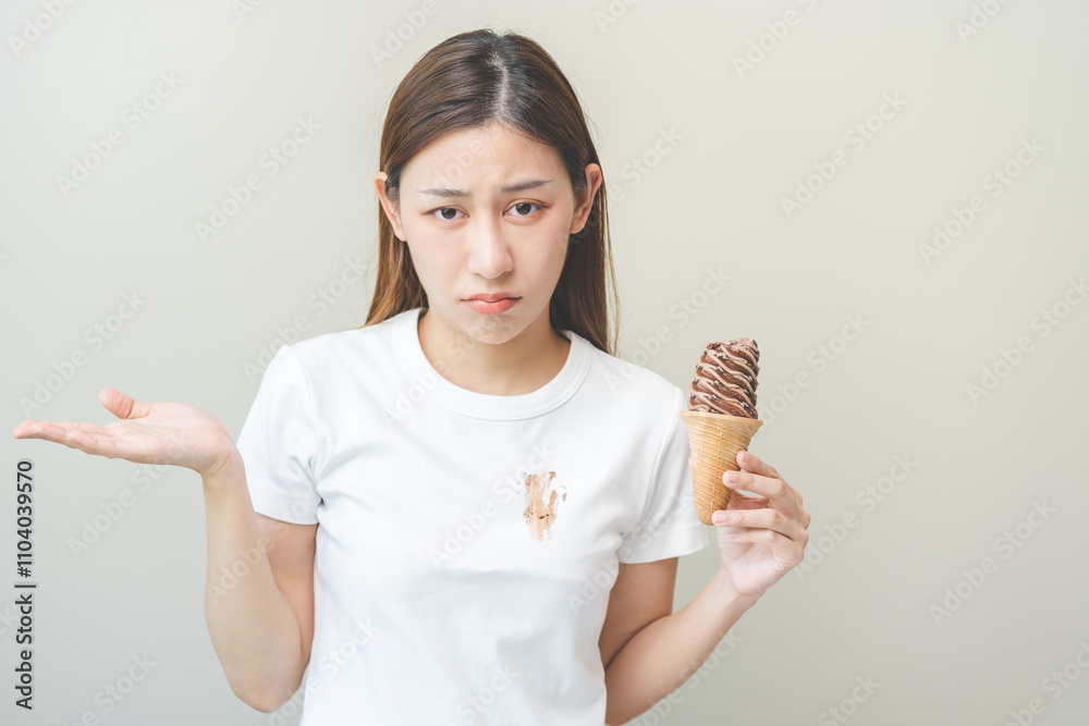 Cloth stain, disappointment asian young woman, girl eating melting ice cream in waffle cone on hot weather, hand show making chocolate cream drop on white t-shirt, spot dirty or smudge on clothes. Cloth stain, disappointment asian young woman, girl eating melting ice cream in waffle cone on hot weather, hand show making chocolate cream drop on white t-shirt, spot dirty or smudge on clothes.