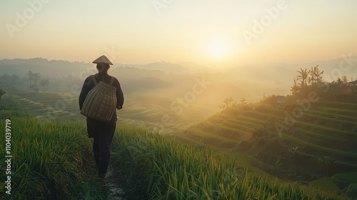 A farmer walking along a terraced rice field during a misty sunrise, holding a traditional woven basket over their shoulder. The lush green terraces stretch into the distance, while the soft 