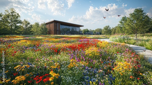 A field of blooming wildflowers planted intentionally to support pollinators, with bees and butterflies flitting among the petals. The vibrant and purposeful design reflects sustainable agriculture  photo