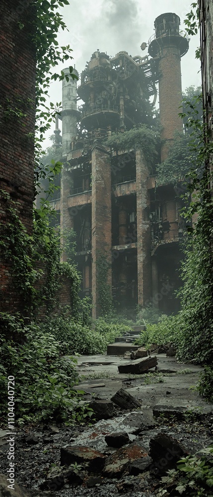 Dismal factory landscape with overgrown vegetation, weeds, grunge, factory Dismal factory landscape with overgrown vegetation, weeds, grunge, factory