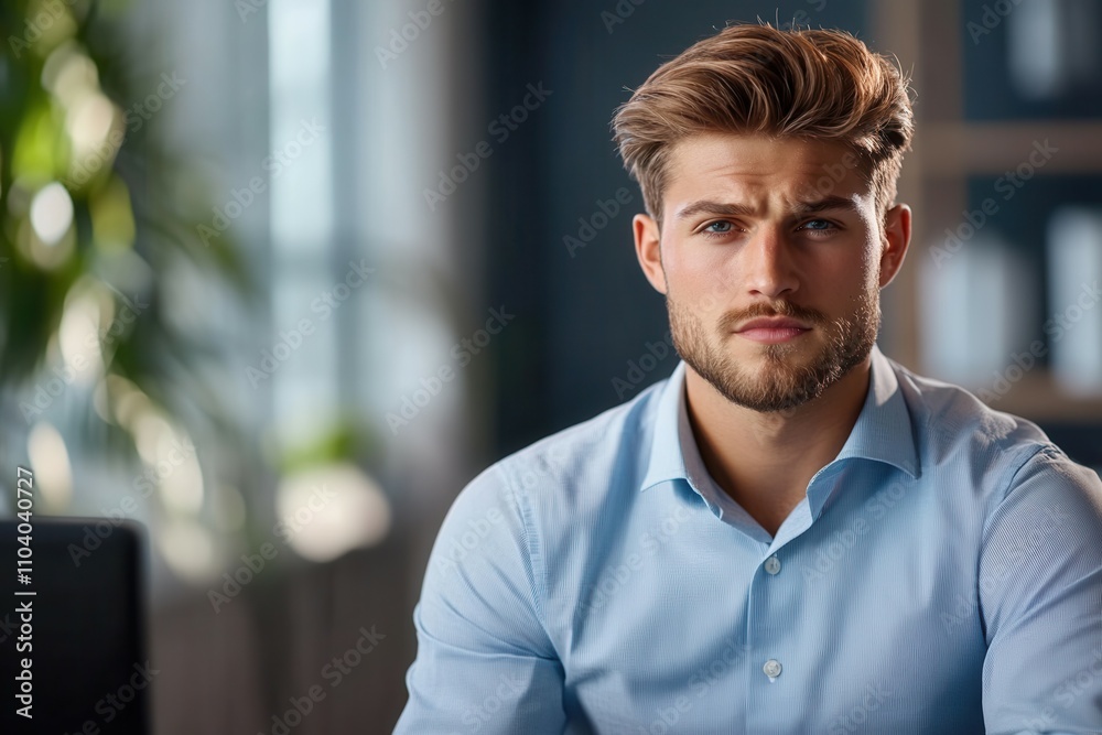 Casual and professional, a young man with stylish hair sits in a modern office space. Bright afternoon sunlight filters through large windows, highlighting his focused expression and well fitted light Casual and professional, a young man with stylish hair sits in a modern office space. Bright afternoon sunlight filters through large windows, highlighting his focused expression and well fitted light