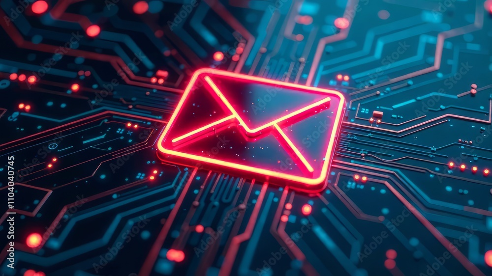 Futuristic Email Circuit Board - Red Glowing Email on Blue Circuit Futuristic Email Circuit Board - Red Glowing Email on Blue Circuit