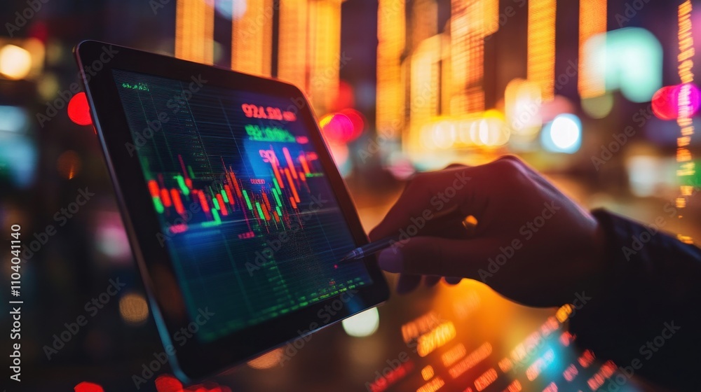 Hand using stylus on tablet displaying stock market data at night. Hand using stylus on tablet displaying stock market data at night.