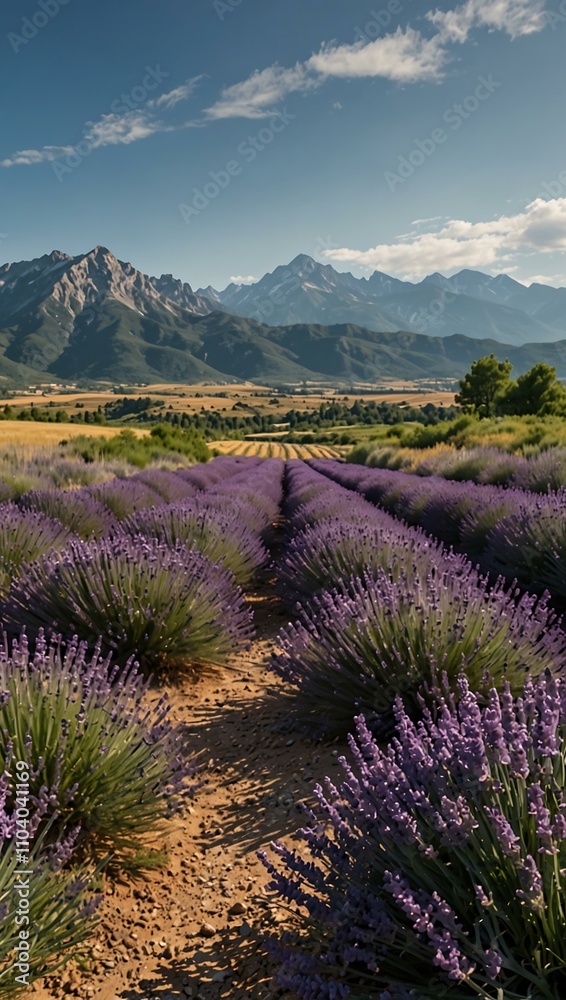 A scenic lavender path leading to a valley and mountains, beneath a bright blue sky. A scenic lavender path leading to a valley and mountains, beneath a bright blue sky.