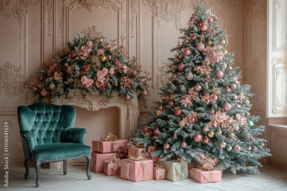 Luxurious Holiday Scene with Two Pink-and-White Christmas Trees, Gold and Silver Gifts, and a Fireplace Luxurious Holiday Scene with Two Pink-and-White Christmas Trees, Gold and Silver Gifts, and a Fireplace