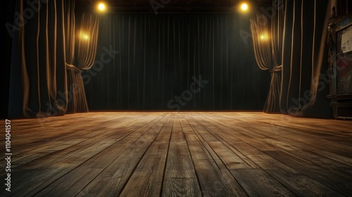 Warm wooden floorboards leading to tall black curtains, a classic theater setup with soft spotlight illumination.