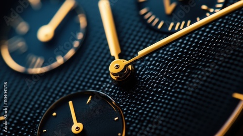 Close-up of a luxury watch's intricate gold hands and textured dial. photo