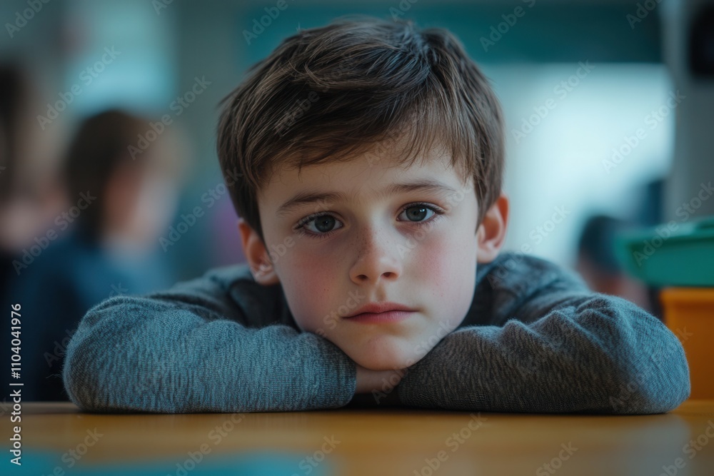 A young boy sits at a wooden table in a classroom, resting his chin on his hands. With a thoughtful expression, he gazes into the distance while surrounded by blurred classmates in the background duri A young boy sits at a wooden table in a classroom, resting his chin on his hands. With a thoughtful expression, he gazes into the distance while surrounded by blurred classmates in the background duri