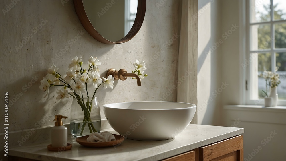 A serene bathroom with a white bowl sink, towels, and a delicate flower vase, bathed in natural light. A serene bathroom with a white bowl sink, towels, and a delicate flower vase, bathed in natural light.