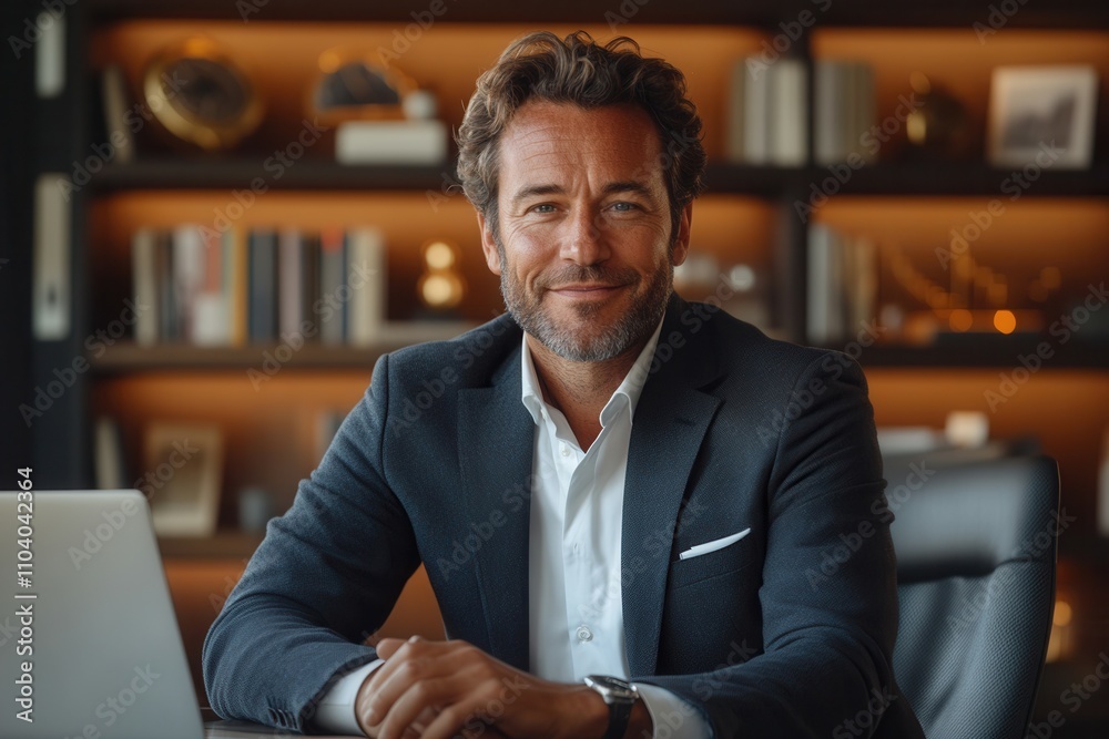 A business professional sits comfortably at a sleek desk in a contemporary office. With a warm smile, he conveys confidence and approachability. Books and decorative items line the shelves in the back A business professional sits comfortably at a sleek desk in a contemporary office. With a warm smile, he conveys confidence and approachability. Books and decorative items line the shelves in the back