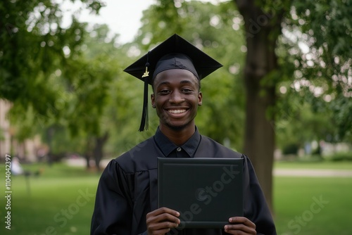A young man smiles broadly while holding his diploma, adorned in a black graduation gown and cap. The background features lush green trees under a clear sky, creating a festive and proud atmosphere.