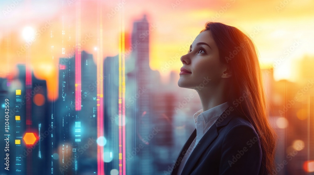 Woman looking at futuristic cityscape at sunset, contemplating future possibilities. Woman looking at futuristic cityscape at sunset, contemplating future possibilities.