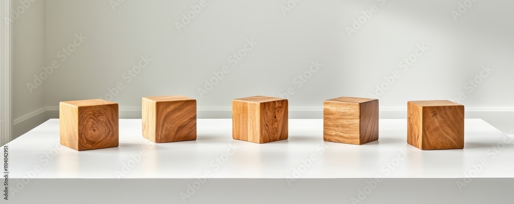 Five wooden cubes arranged neatly on a white surface, showcasing natural textures and colors in a minimalist setting. Five wooden cubes arranged neatly on a white surface, showcasing natural textures and colors in a minimalist setting.