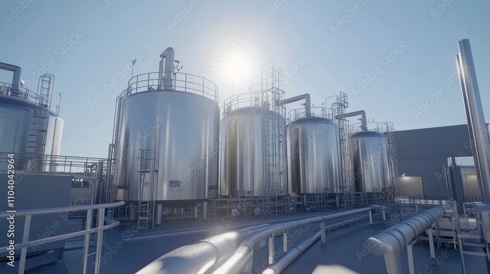 Modern industrial facility with large stainless steel tanks and piping under bright sunlight. Modern industrial facility with large stainless steel tanks and piping under bright sunlight.