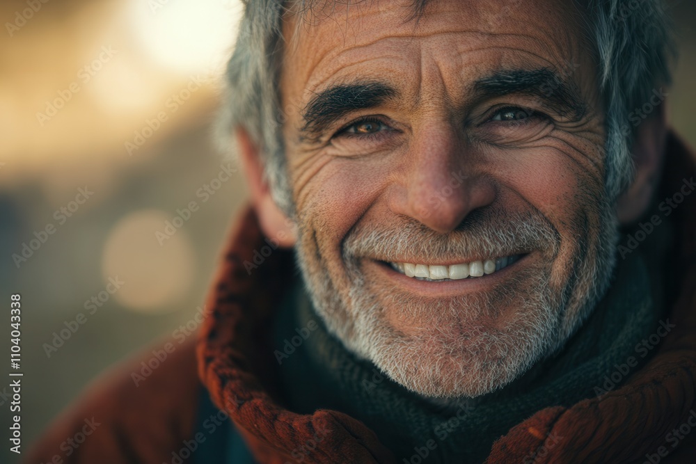 An older man with a warm smile stands against a soft, blurred background of nature in a beautiful golden light. His expression reflects joy and contentment, suggesting a peaceful moment outdoors. An older man with a warm smile stands against a soft, blurred background of nature in a beautiful golden light. His expression reflects joy and contentment, suggesting a peaceful moment outdoors.