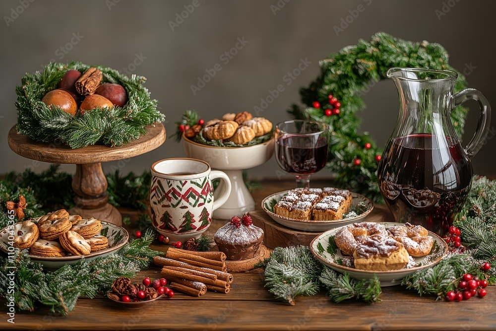 Festive holiday table set with coffee mugs, hot cocoa, cinnamon sticks, Christmas treats, and red wine jug, cozy indoor atmosphere. Festive holiday table set with coffee mugs, hot cocoa, cinnamon sticks, Christmas treats, and red wine jug, cozy indoor atmosphere.