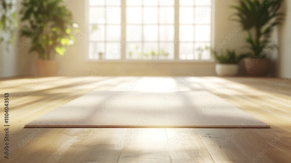 Obraz premium Sunlit yoga mat on wooden floor in bright room.