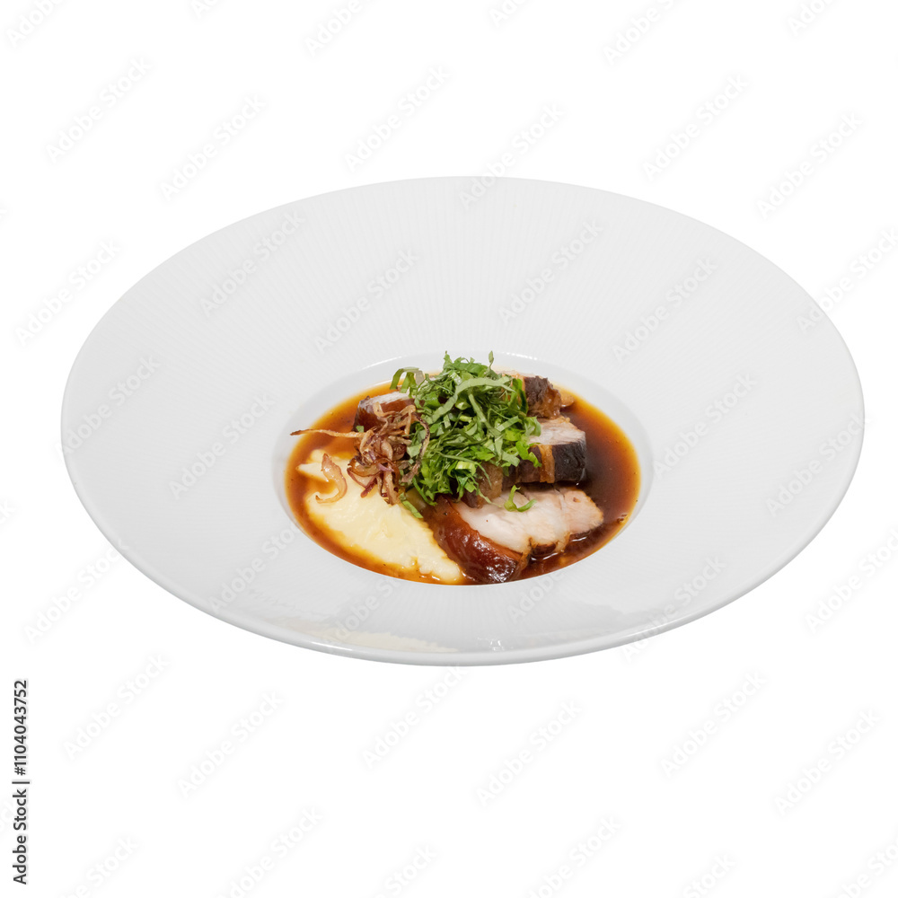 A gourmet dish featuring tender meats, garnished with fresh herbs, served in a flavorful broth on a pristine white plate. A gourmet dish featuring tender meats, garnished with fresh herbs, served in a flavorful broth on a pristine white plate.