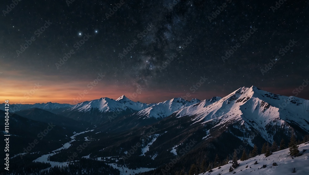 A shooting star across a snowy mountain ridge, glowing magically. A shooting star across a snowy mountain ridge, glowing magically.