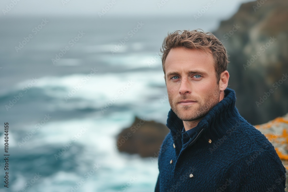 A man with short brown hair and blue eyes gazes confidently while standing on a rocky shoreline. Waves crash against the rocks, and a soft mist surrounds the coastal area, creating a serene and contem A man with short brown hair and blue eyes gazes confidently while standing on a rocky shoreline. Waves crash against the rocks, and a soft mist surrounds the coastal area, creating a serene and contem