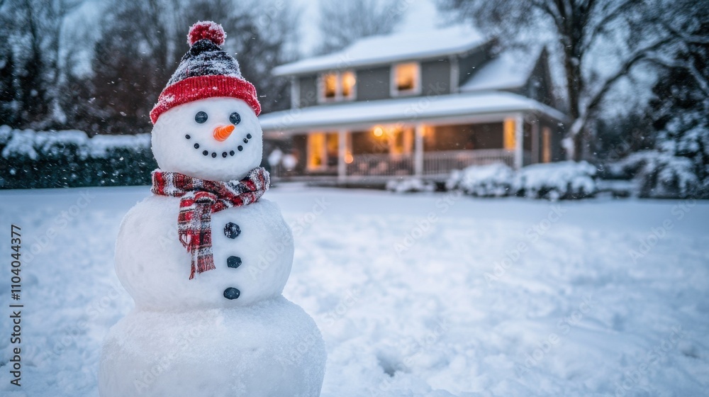 Fototapeta premium Cheerful Snowman in Winter Wonderland Outside Cozy Home