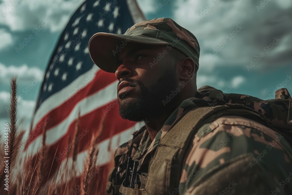 A soldier in military gear gazes toward the horizon, displaying pride and determination. The American flag waves gently in the background, contrasting with the dramatic clouds, evoking feelings of pat A soldier in military gear gazes toward the horizon, displaying pride and determination. The American flag waves gently in the background, contrasting with the dramatic clouds, evoking feelings of pat