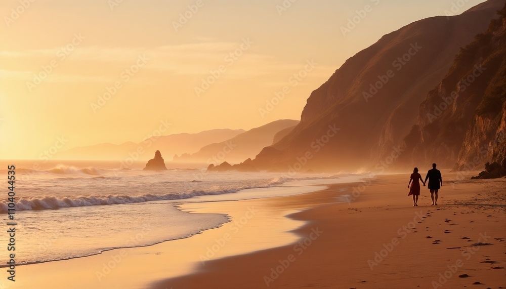 Couple taking a secluded beach walk along the shore during a golden sunset Couple taking a secluded beach walk along the shore during a golden sunset