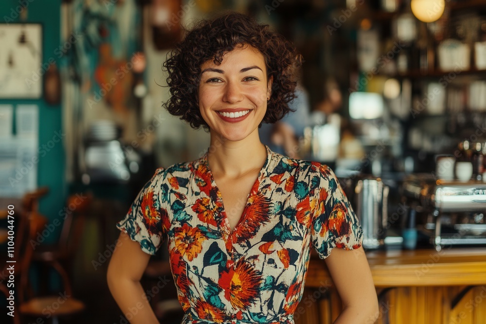 A young woman is smiling confidently while standing at a bustling cafe. She wears a colorful floral dress and is surrounded by a lively atmosphere filled with patrons and coffee making equipment, show A young woman is smiling confidently while standing at a bustling cafe. She wears a colorful floral dress and is surrounded by a lively atmosphere filled with patrons and coffee making equipment, show