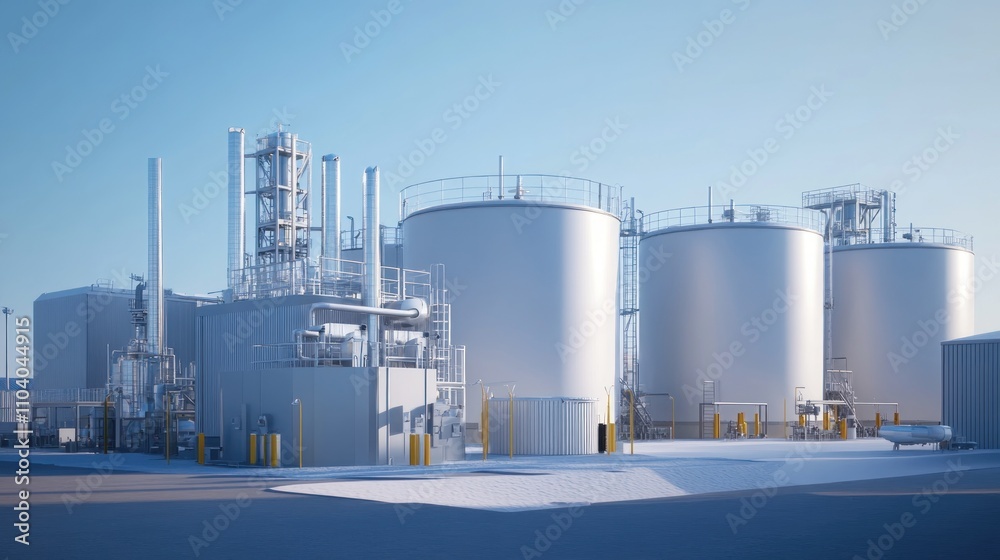 Fototapeta premium Modern industrial plant with large storage tanks and processing equipment under a clear sky.