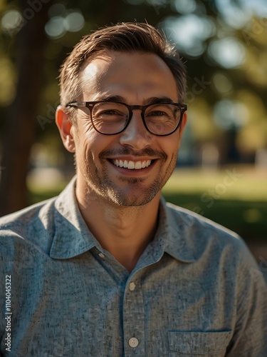 A smiling man with glasses in warm sunlight, exuding confidence.