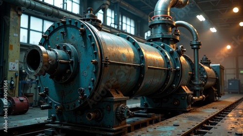 Industrial Machinery, Pipes, Valves, Deep Focus, Moody Lighting, Atmospheric Factory Scene