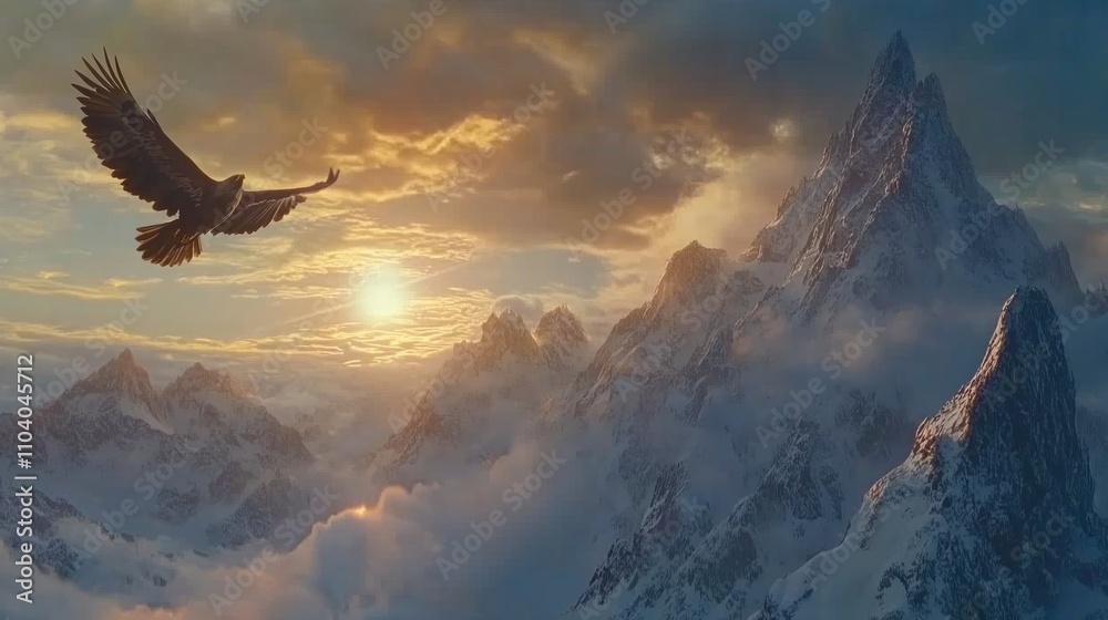 Fototapeta premium Majestic eagle soars over snow-capped mountains at sunset.