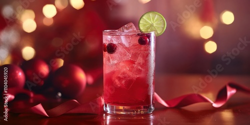 Non-alcoholic spiced cranberry fizz with ginger ale, cranberry juice, and lime, served in a sparkling glass with holiday ribbons