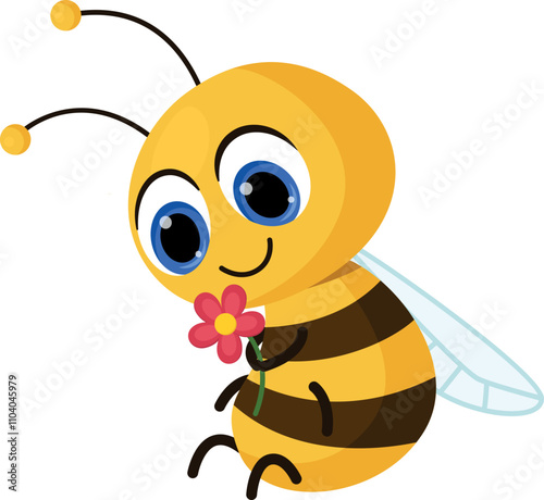 A cartoon bee holding a flower