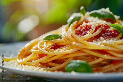 Mouth-Watering Spaghetti with Marinara Sauce Topped with Parmesan and Basil