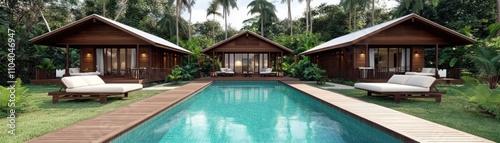 Wallpaper Mural Tranquil Tropical Resort with Pool Surrounded by Lush Greenery and Charming Wooden Cottages Perfect for Relaxation and Vacation Getaways Torontodigital.ca