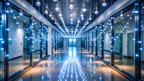 Corridor with Cool-Toned Christmas Lights and Reflections. Perfect for  Christmas  Winter Gatherings  Corporate Celebrations