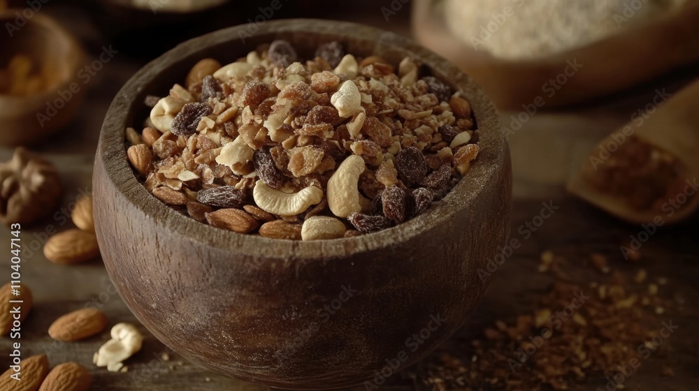 Nut and Dried Fruit Mixture in Wooden Bowl on Rustic Table