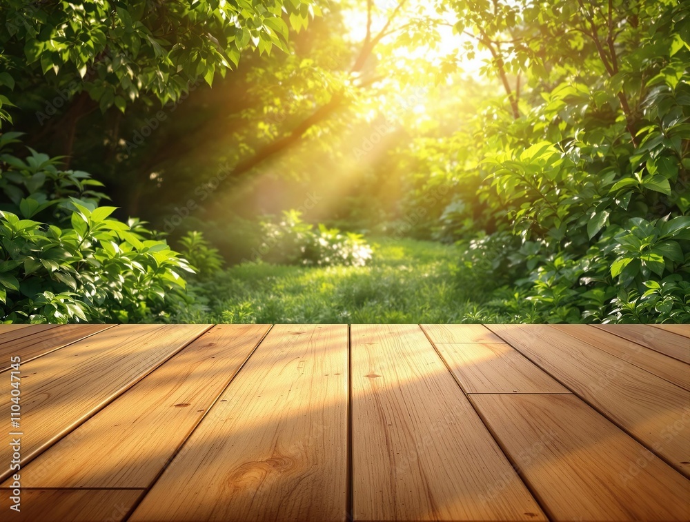 Brown wooden table in garden with blurred green plants and light flare, plants, decor Brown wooden table in garden with blurred green plants and light flare, plants, decor
