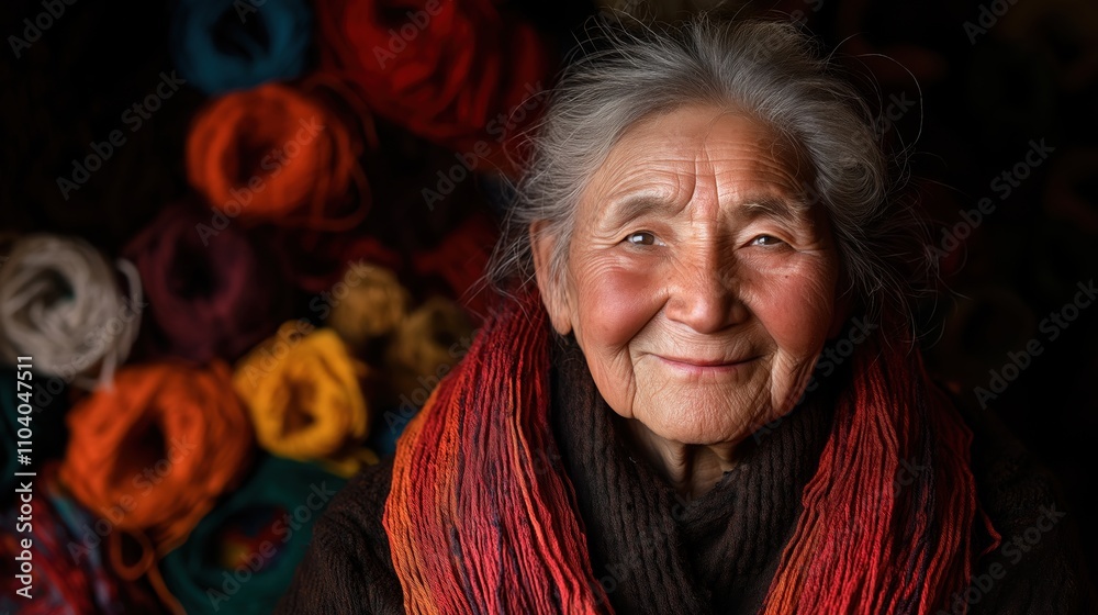 Elderly woman smiling with colorful yarn background: wisdom, tradition, and handcrafts in vibrant colors Elderly woman smiling with colorful yarn background: wisdom, tradition, and handcrafts in vibrant colors