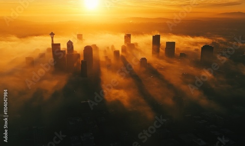 Sunrise Over Foggy City Skyline with Warm Light