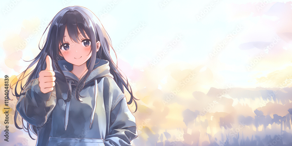 「応援してるよ!君なら大丈夫」と笑顔で背中を押してくれる女性。親指を立てる合図。水彩画。イラスト。 「応援してるよ!君なら大丈夫」と笑顔で背中を押してくれる女性。親指を立てる合図。水彩画。イラスト。