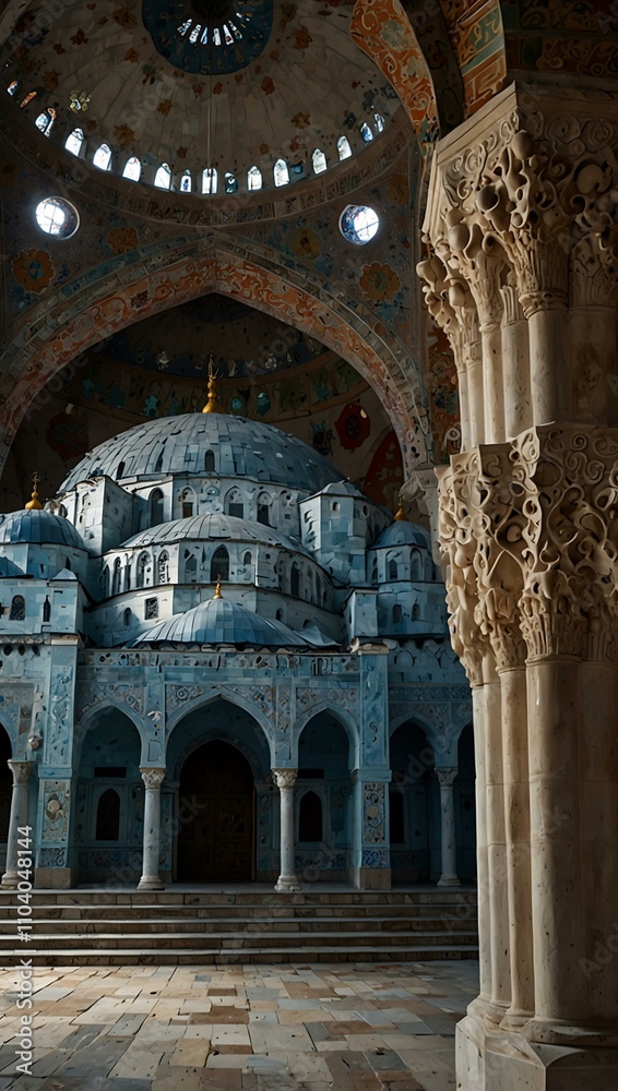 Obraz premium A surreal interpretation of the Blue Mosque in Istanbul, blending architectural grandeur and dreamlike elements.
